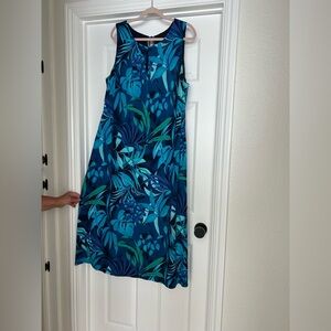 Connected Apparel Blue and Green Leaf Print Midi Dress